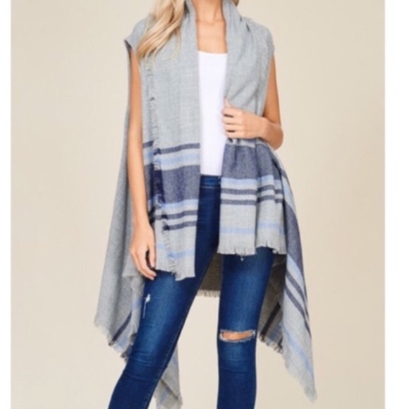 Aerie Gray Blue stripe One size Shawl poncho - Picture 2 of 5